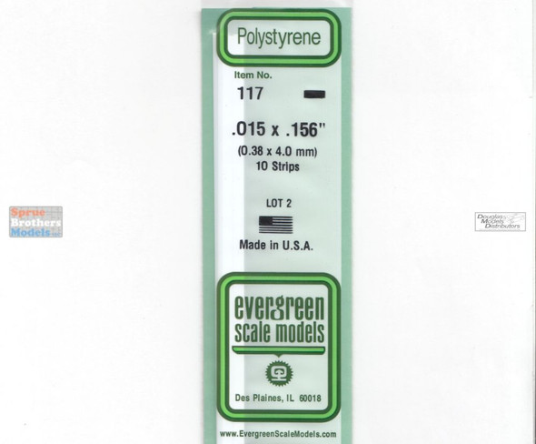 EVG0117 Evergreen Styrene Plastic .015 x .156 Strip 10 pieces #117