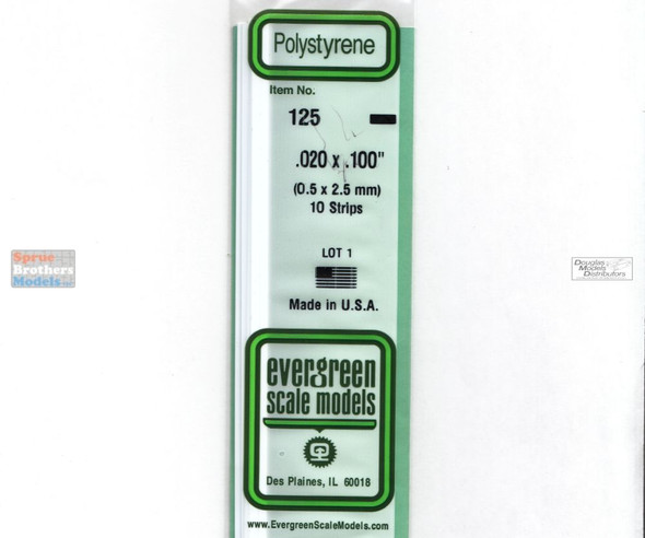 EVG0125 Evergreen Styrene Plastic .020 x .100 Strip 10 pieces #125