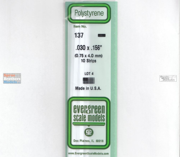 EVG0137 Evergreen Styrene Plastic .030 x .156 Strip 10 pieces #137