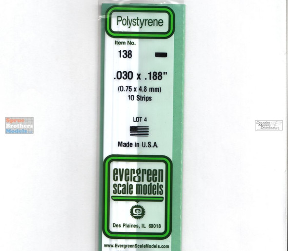EVG0138 Evergreen Styrene Plastic .030 x .188 Strip 10 pieces #138