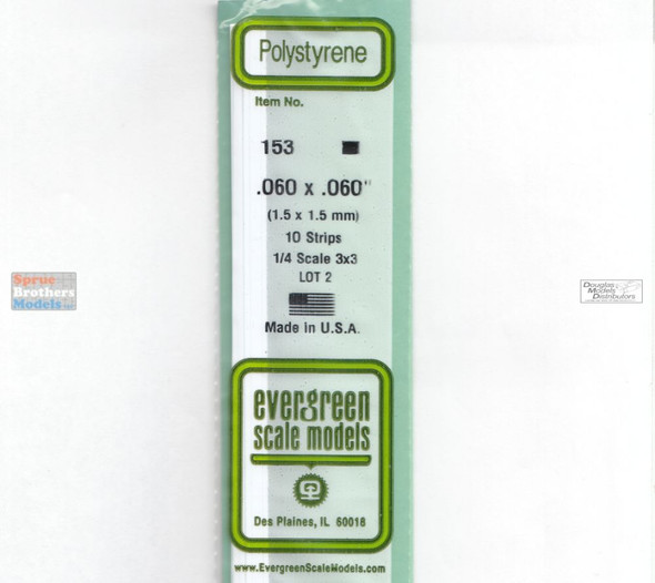 EVG0153 Evergreen Styrene Plastic .060 x .060 Strip 10 pieces #153