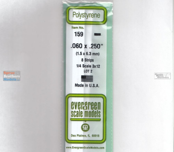 EVG0159 Evergreen Styrene Plastic .060 x .250 Strip 8 pieces #159