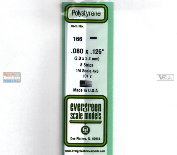 EVG0166 Evergreen Styrene Plastic .080 x .125 Strip 8 pieces #166
