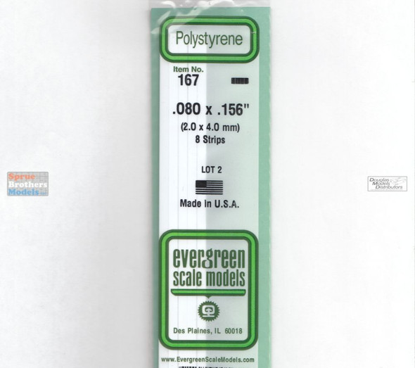 EVG0167 Evergreen Styrene Plastic .080 x .156 Strip 8 pieces #167