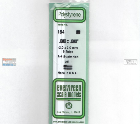 EVG0164 Evergreen Styrene Plastic .080 x .080 Strip 9 pieces #164