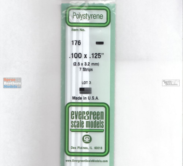 EVG0176 Evergreen Styrene Plastic .100 x .125 Strip 7 pieces #176