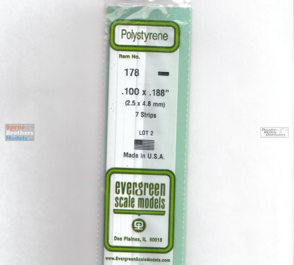 EVG0178 Evergreen Styrene Plastic .100 x .188 Strip 7 pieces #178
