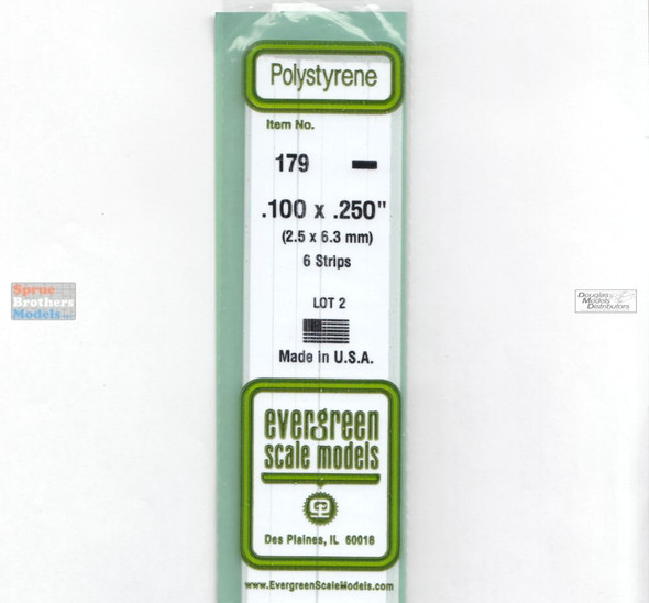 EVG0179 Evergreen Styrene Plastic .100 x .250 Strip 6 pieces #179