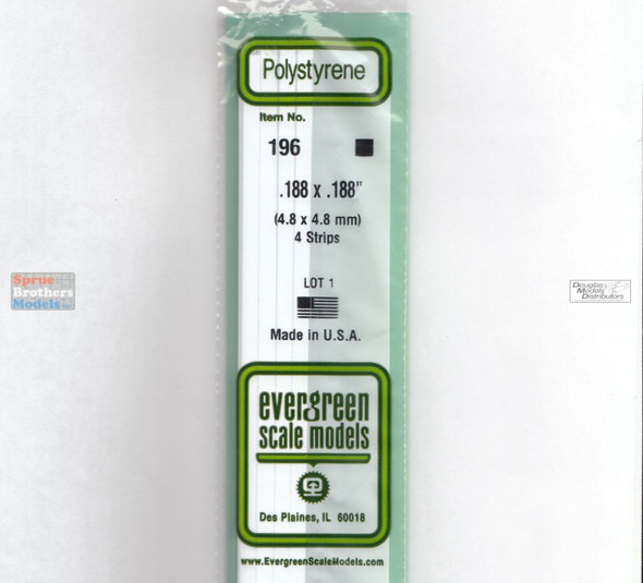 EVG0196 Evergreen Styrene Plastic .188 x .188 Strip 4 pieces #196