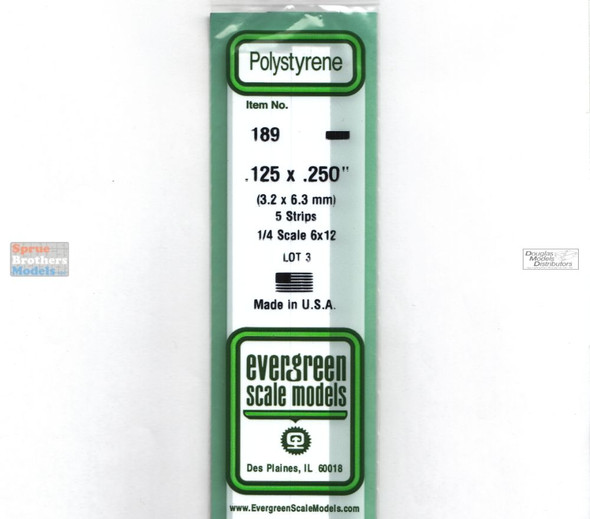 EVG0189 Evergreen Styrene Plastic .125 x .250 Strip 5 pieces #189
