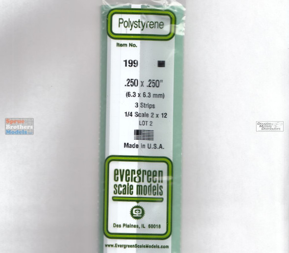 EVG0199 Evergreen Styrene Plastic .250 x .250 Strip 3 pieces #199