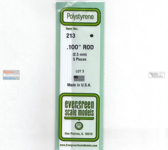 EVG0213 Evergreen Styrene Plastic .100 Round Rod 5 pieces #213