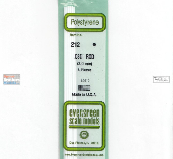 EVG0212 Evergreen Styrene Plastic .080 Round Rod 6 pieces #212