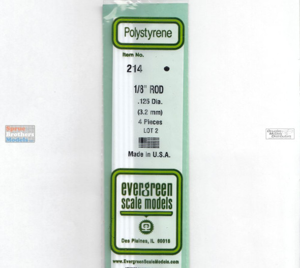 EVG0214 Evergreen Styrene Plastic .125 Round Rod 4 pieces #214