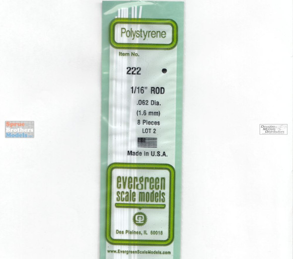EVG0222 Evergreen Styrene Plastic .062 Round Rod 8 pieces #222