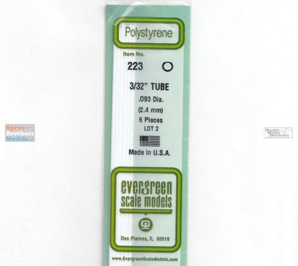 EVG0223 Evergreen Styrene Plastic .093 Round Tubing 6 pieces #223