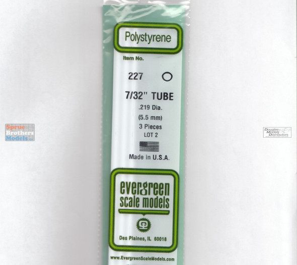 EVG0227 Evergreen Styrene Plastic .219 Round Tubing 3 pieces #227