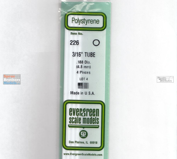 EVG0226 Evergreen Styrene Plastic .187 Round Tubing 4 pieces #226