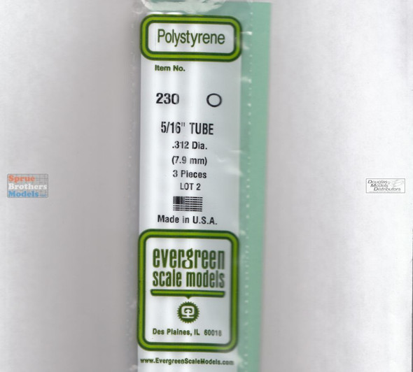 EVG0230 Evergreen Styrene Plastic .312 Round Tubing 3 pieces #230