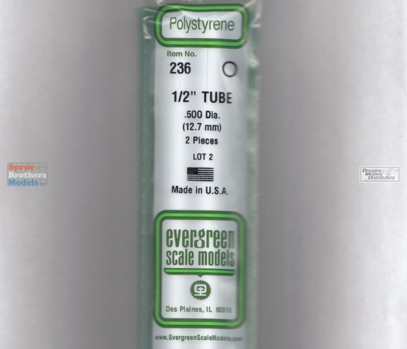 EVG0236 Evergreen Styrene Plastic .500 Round Tubing 2 pieces #236