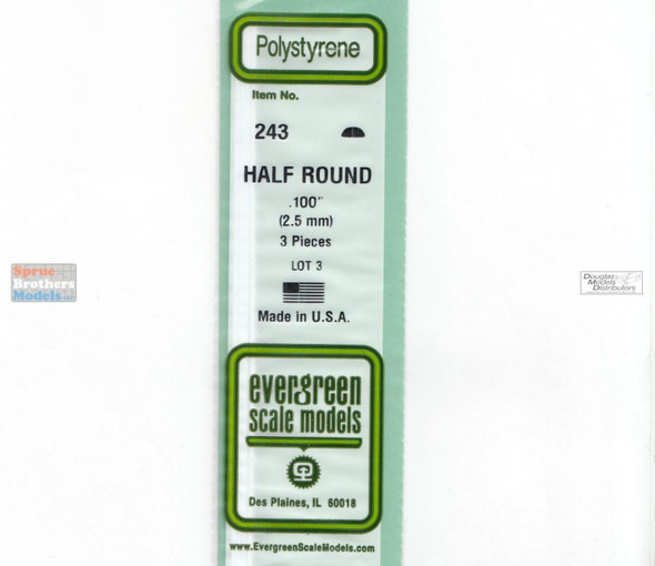 EVG0243 Evergreen Styrene Plastic .100 Half Round Rod 3 pieces #243