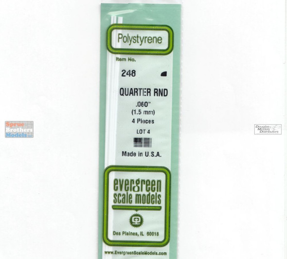 EVG0248 Evergreen Styrene Plastic .060 Quarter Round Rod 4 pieces #248