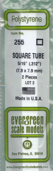 EVG0255 Evergreen Styrene Plastic .312 Square Tubing 2 pieces #255