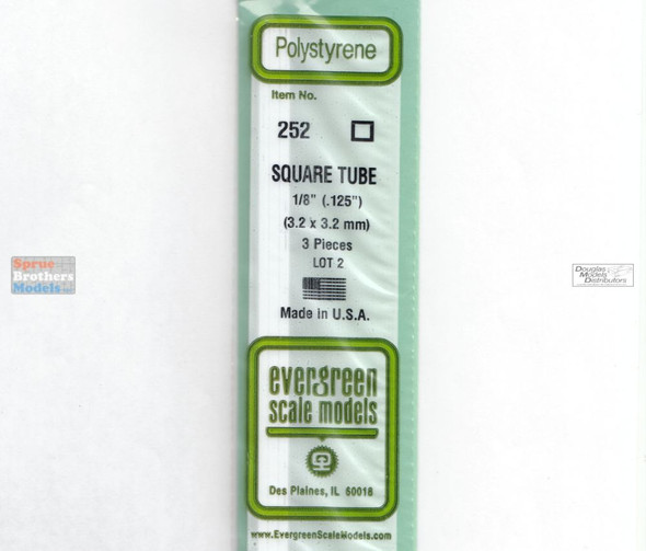 EVG0252 Evergreen Styrene Plastic .125 Square Tubing 3 pieces #252