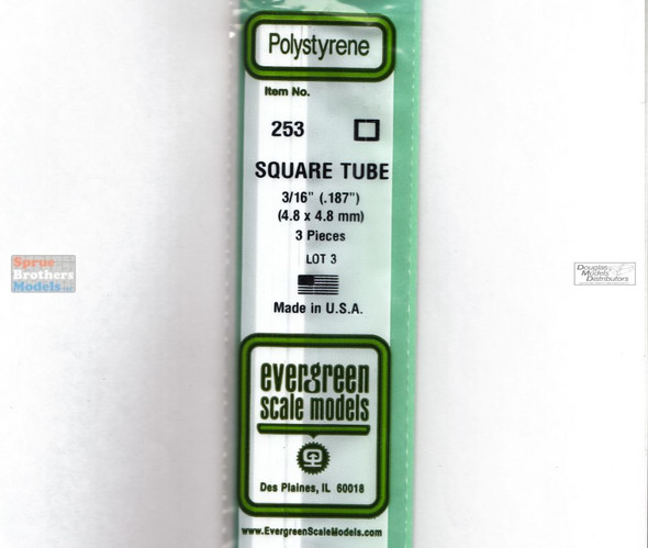 EVG0253 Evergreen Styrene Plastic .188 Square Tubing 3 pieces #253