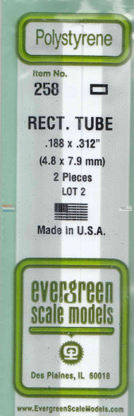 EVG0258 Evergreen Styrene Plastic .187 x .312 Rectangular Tubing 2 pieces #258