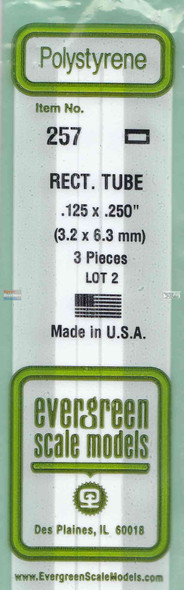 EVG0257 Evergreen Styrene Plastic .125 x .250 Rectangular Tubing 3 pieces #257