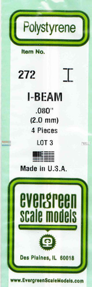 EVG0272 Evergreen Styrene Plastic .080 I-Beam 4 pieces #272