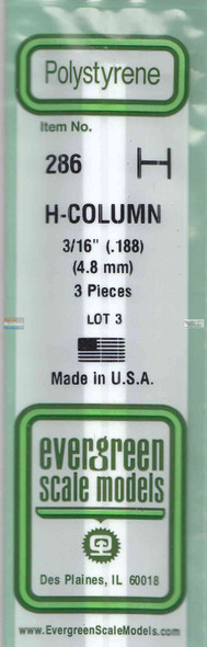 EVG0286 Evergreen Styrene Plastic .188 H-Column 3 pieces #286