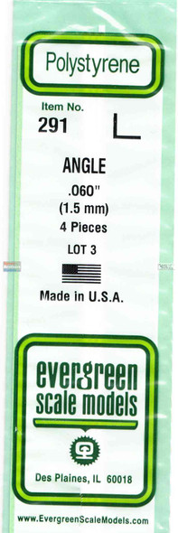 EVG0291 Evergreen Styrene Plastic .060 Angle 4 pieces #291
