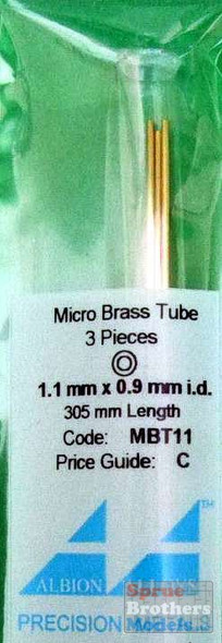 ALBMBT11 Albion Alloys Micro Brass Tube - 1.1mm x 0.9mm (OD-ID) 3 pcs