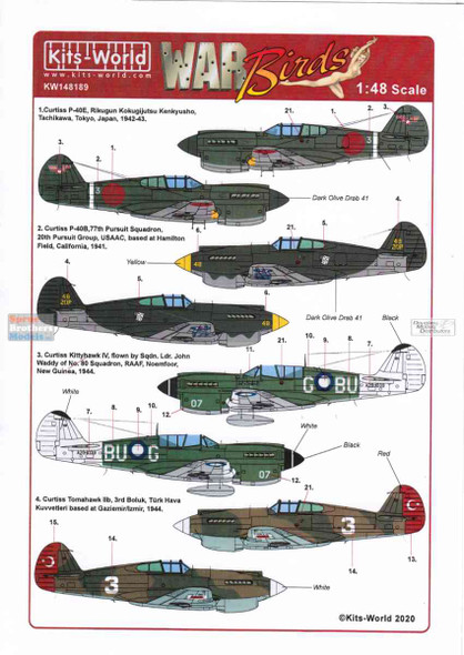 KSW148189 1:48 Kits-World Decals P-40B P-40E Warhawk Kittyhawk IV Tomahawk IIb