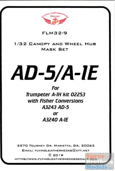 ORDFLM32009 1:32 Flying Leathernecks AD-5 A-1E Skyraider Canopy & Wheel Hub Mask Set (TRP+ kit)