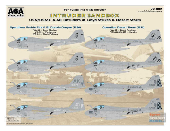 AOA72002 1:72 AOA Decals - 'Intruder Sandbox' USN/USMC A-6E Intruders in Libya Strikes & Desert Storm