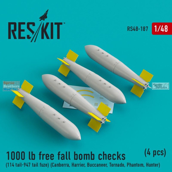 RESRS480187 1:48 ResKit 1000lb Free Fall Bomb Checks (114 Tail-947 Tail Fuze)