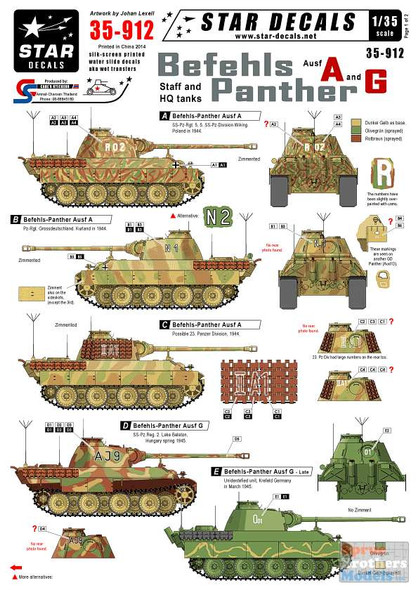 SRD35912 1:35 Star Decals - Befehls Panther Ausf A and G Staff and HQ Tanks
