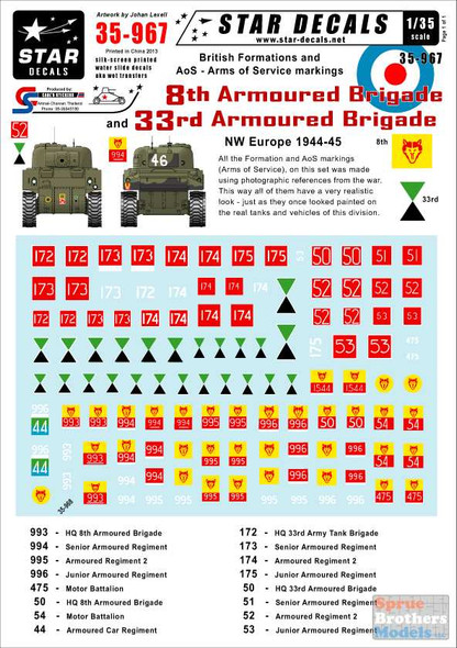 SRD35967 1:35 Star Decals - British 8th and 33rd Armoured Brigades Formation and AoS Markings NW Europe 1944-45