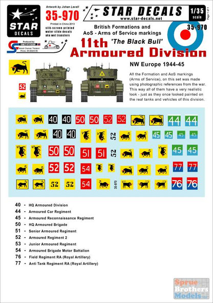 SRD35970 1:35 Star Decals - British 11th Armoured Division Formation and AoS Markings NW Europe 1944-45