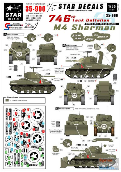 SRD35990 1:35 Star Decals - M4 Sherman 746th Armored Regiment Utah Beach and Normandy
