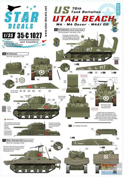 SRD35C1027 1:35 Star Decals - US 70th Tank Battalion Utah Beach M4 M4 Dozer M4A1 DD Shermans