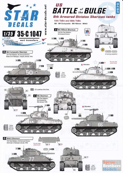 SRD35C1047 1:35 Star Decals - Battle of the Bulge US 6th Armored Division Sherman Tanks 15th TkBn & 68th TkBn