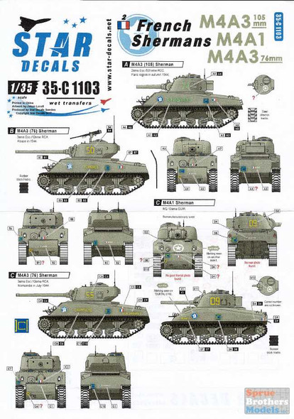 SRD35C1103 1:35 Star Decals French Shermans Part 2: M4A3 105mm / M4A1 / M4A3 76mm