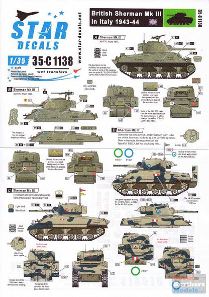 SRD35C1138 1:35 Star Decals - British Sherman Mk.III in Italy 1943-44