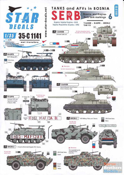 SRD35C1141 1:35 Star Decals - Tanks and AFVs in Bosnia #6: Serbian T-34 BRDM-2 M60 PB TAM-110 Truck