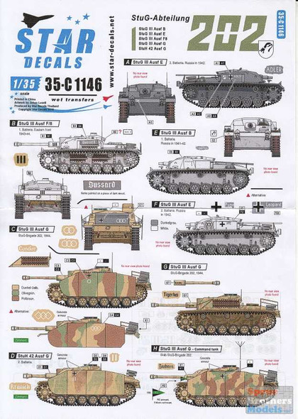 SRD35C1146 1:35 Star Decals - STuG-Abt.202: STuG III Ausf B/E/F8/G STuH 42 Ausf G