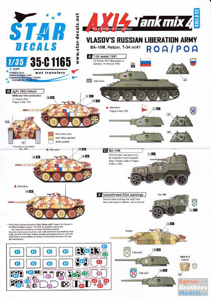 SRD35C1165 1:35 Star Decals - Axis Tank Mix #4: Vlasov's Russian Liberation Army BA-10M Hetzer T-34 m/41